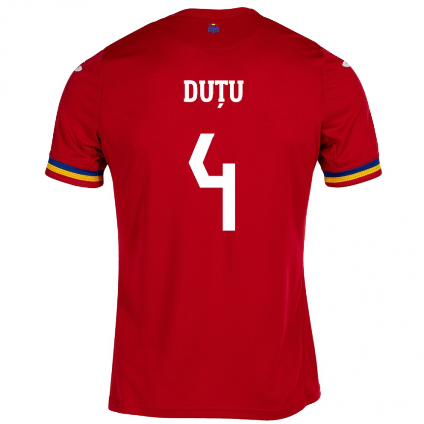 Men Football Romania Ștefan Duțu #4 Red Away Jersey 24-26 T-Shirt Uk