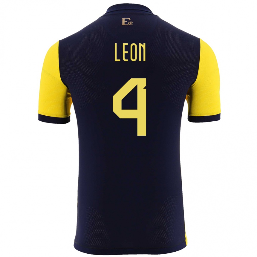 Kids Football Ecuador Fernando Leon #4 Yellow Home Jersey 24-26 T-Shirt Uk