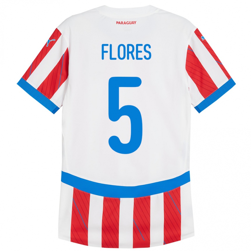 Kids Football Paraguay Gilberto Flores #5 White Red Home Jersey 24-26 T-Shirt Uk