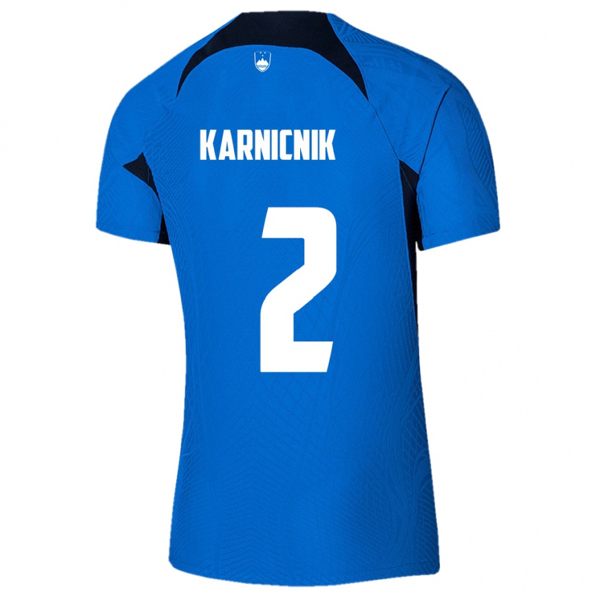 Kids Football Slovenia Zan Karnicnik #2 Blue Away Jersey 24-26 T-Shirt Uk