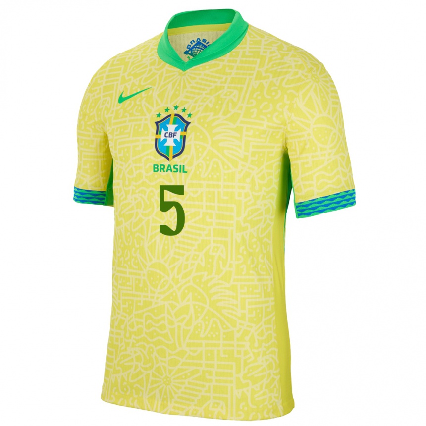 Men Football Brazil Vitor Figueiredo #5 Yellow Home Jersey 24-26 T-Shirt Uk