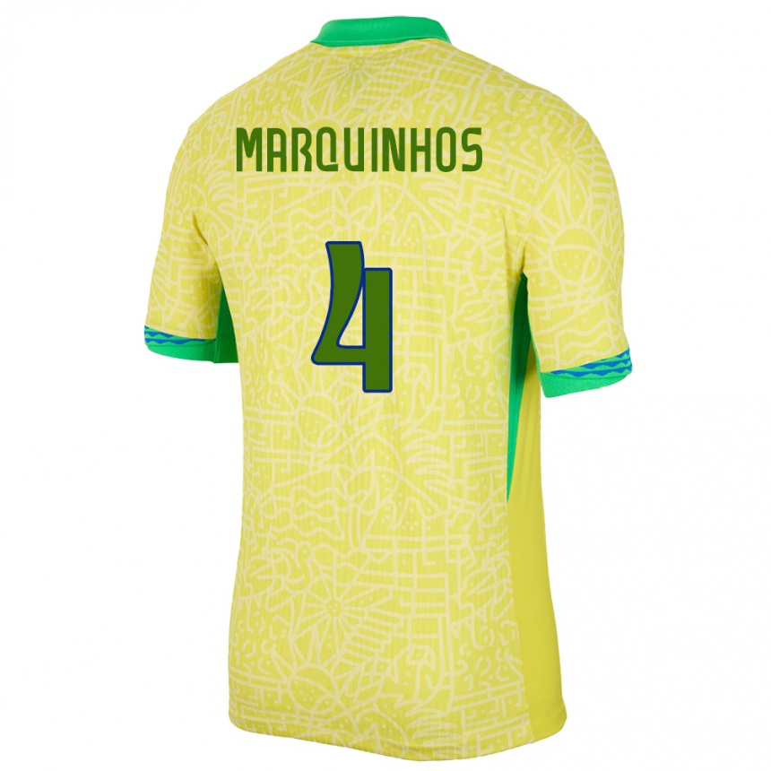 Men Football Brazil Marquinhos #4 Yellow Home Jersey 24-26 T-Shirt Uk