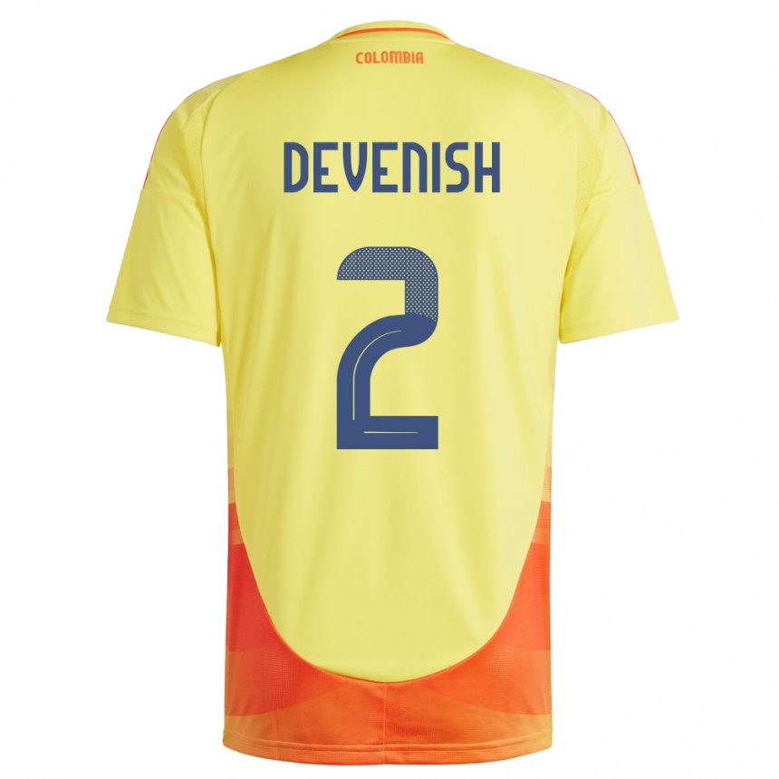 Men Football Colombia Cristian Devenish #2 Yellow Home Jersey 24-26 T-Shirt Uk