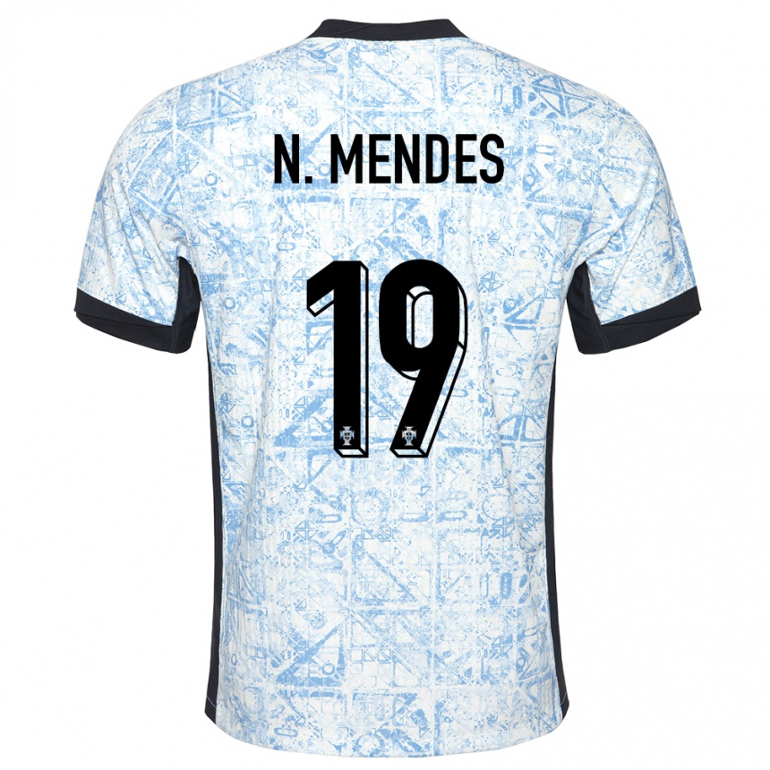 Men Football Portugal Nuno Mendes #19 Cream Blue Away Jersey 24-26 T-Shirt Uk