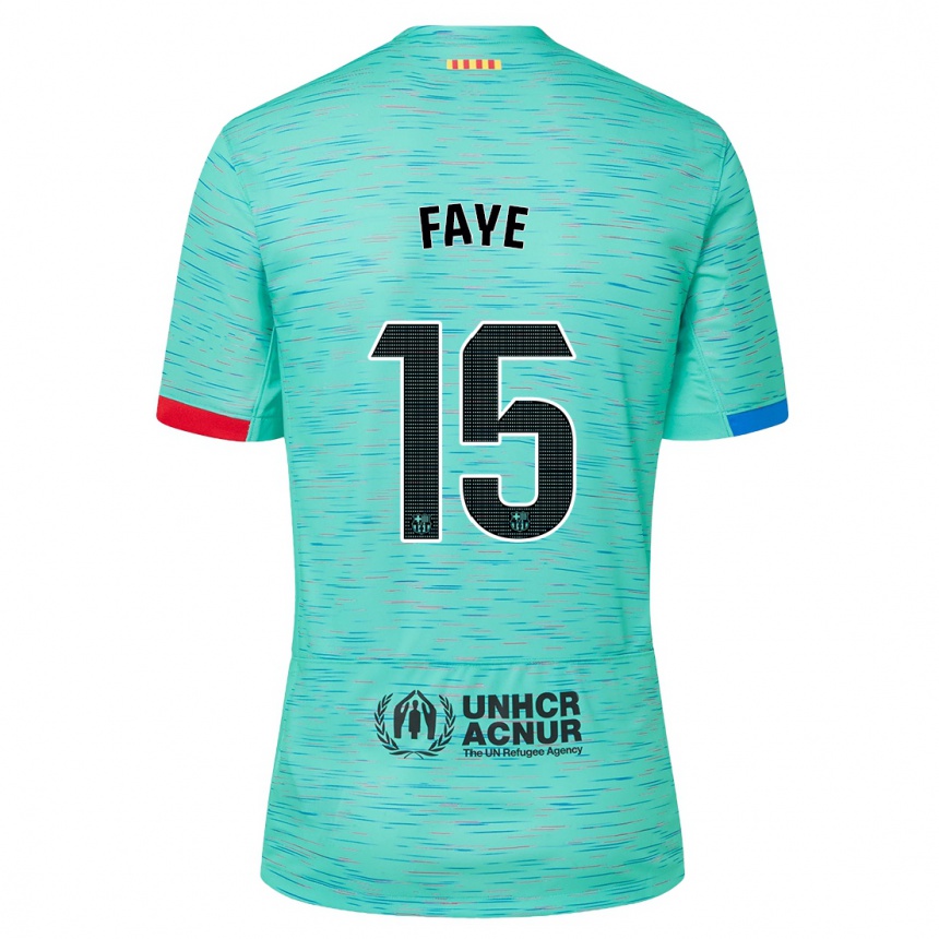 Kids  Mikayil Faye #15 Light Aqua Third Jersey 2023/24 T-Shirt Uk