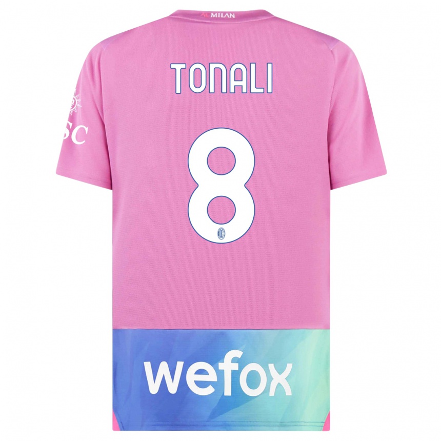 Kids  Sandro Tonali #8 Pink Purple Third Jersey 2023/24 T-Shirt Uk