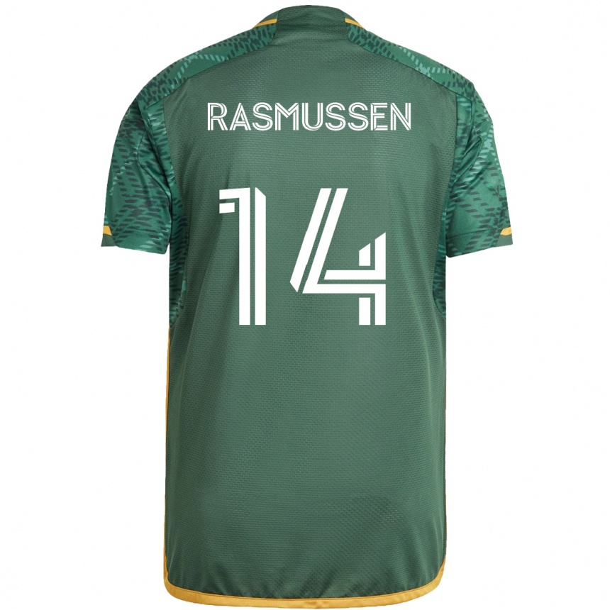 Kids Football Justin Rasmussen #14 Green Orange Home Jersey 2024/25 T-Shirt Uk