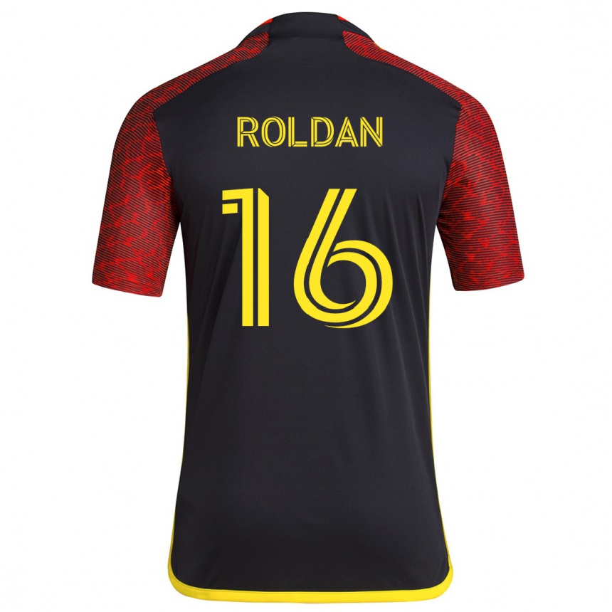 Kids Football Álex Roldán #16 Red Black Away Jersey 2024/25 T-Shirt Uk