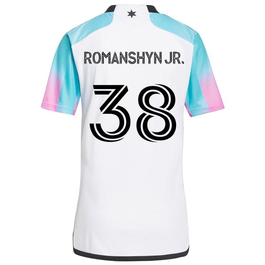 Kids Football Kage Romanshyn Jr. #38 White Blue Black Away Jersey 2024/25 T-Shirt Uk