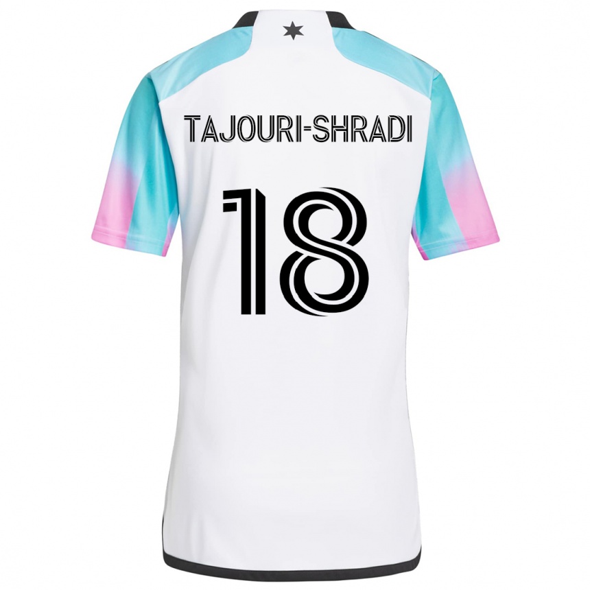 Kids Football Ismael Tajouri-Shradi #18 White Blue Black Away Jersey 2024/25 T-Shirt Uk