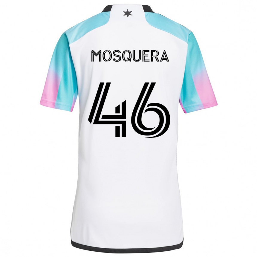 Kids Football Juan Camilo Mosquera #46 White Blue Black Away Jersey 2024/25 T-Shirt Uk