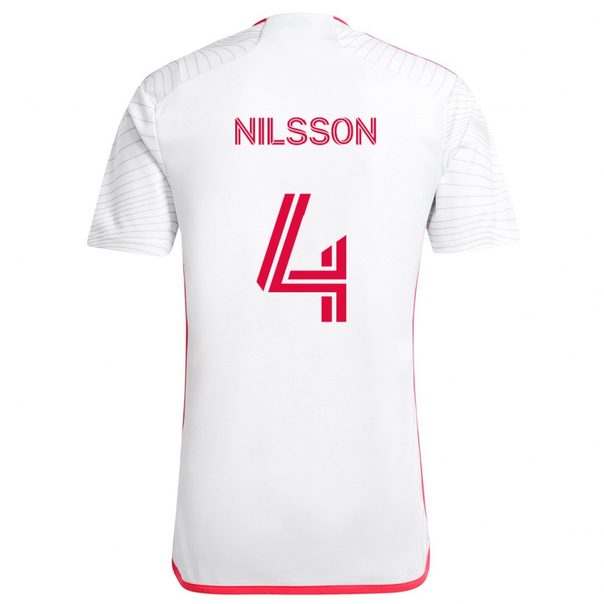 Kids Football Joakim Nilsson #4 White Red Away Jersey 2024/25 T-Shirt Uk