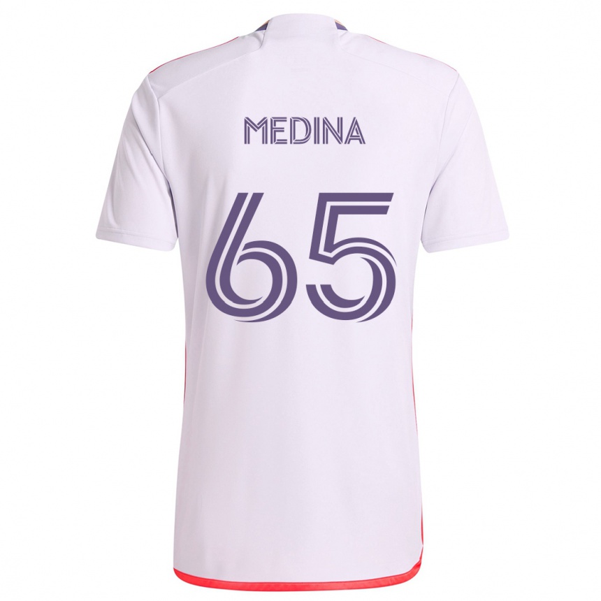 Kids Football Cristian Medina #65 White Red Purple Away Jersey 2024/25 T-Shirt Uk