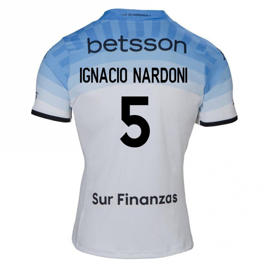 Kids Football Juan Ignacio Nardoni #5 White Blue Black Away Jersey 2024/25 T-Shirt Uk