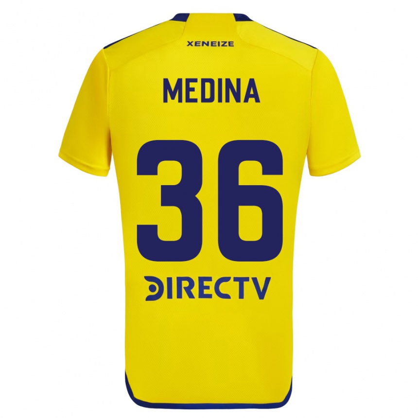 Kids Football Cristian Medina #36 Yellow Blue Away Jersey 2024/25 T-Shirt Uk