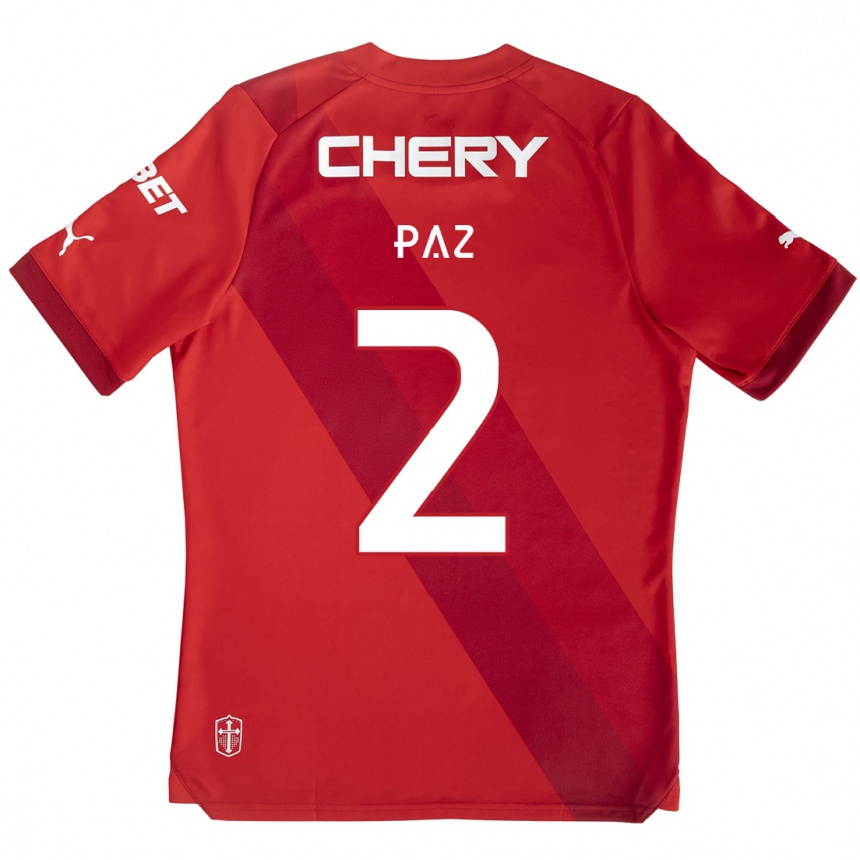 Kids Football Nehuén Paz #2 Red White Away Jersey 2024/25 T-Shirt Uk