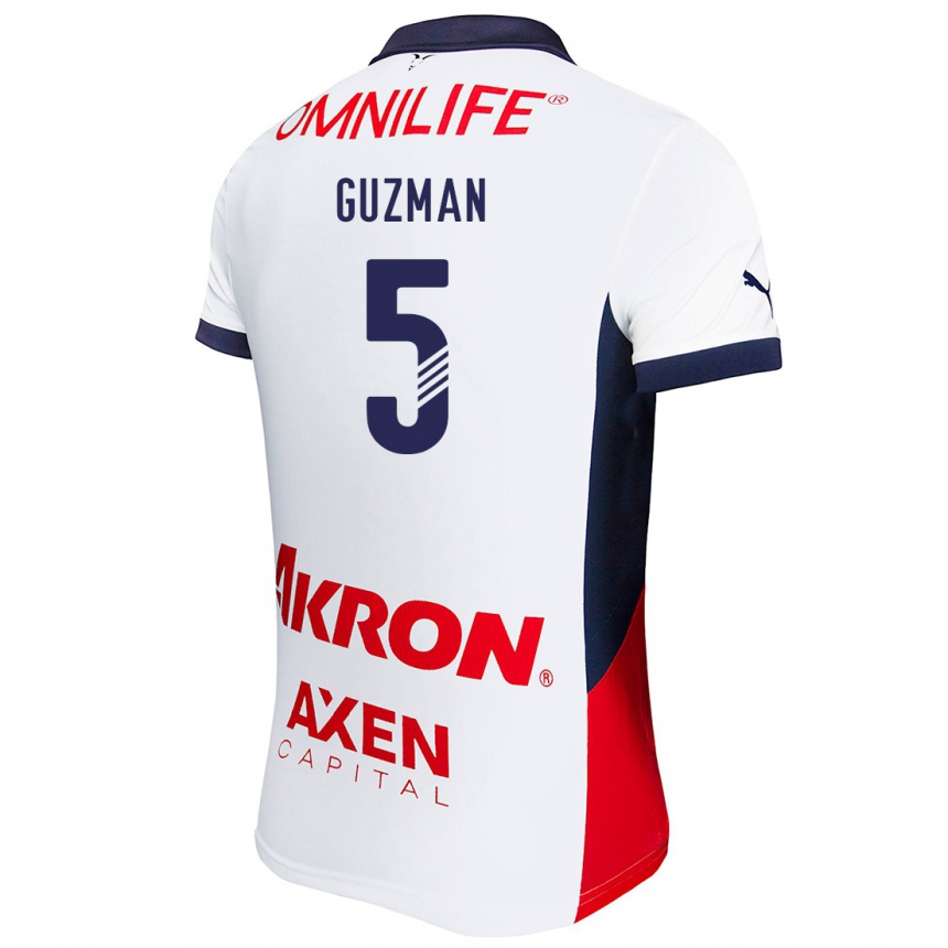 Kids Football Víctor Guzmán #5 White Red Blue Away Jersey 2024/25 T-Shirt Uk