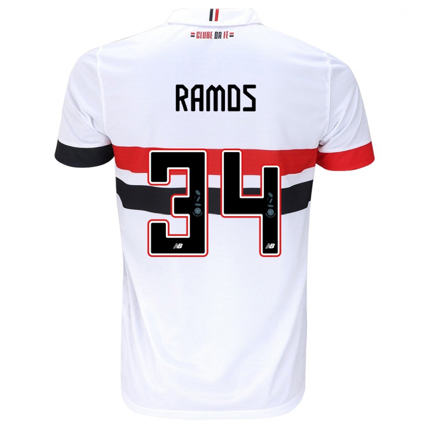 Kids Football Raí Ramos #34 White Red Black Home Jersey 2024/25 T-Shirt Uk