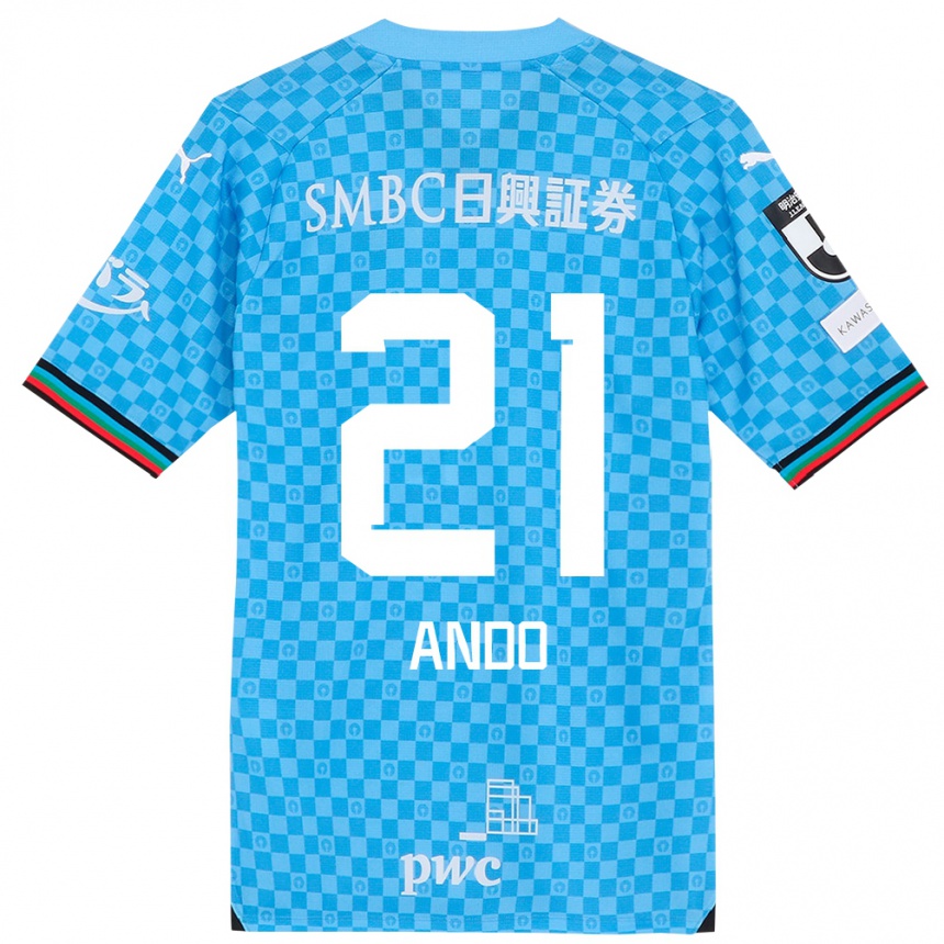 Kids Football Shunsuke Ando #21 Azure Blue Home Jersey 2024/25 T-Shirt Uk