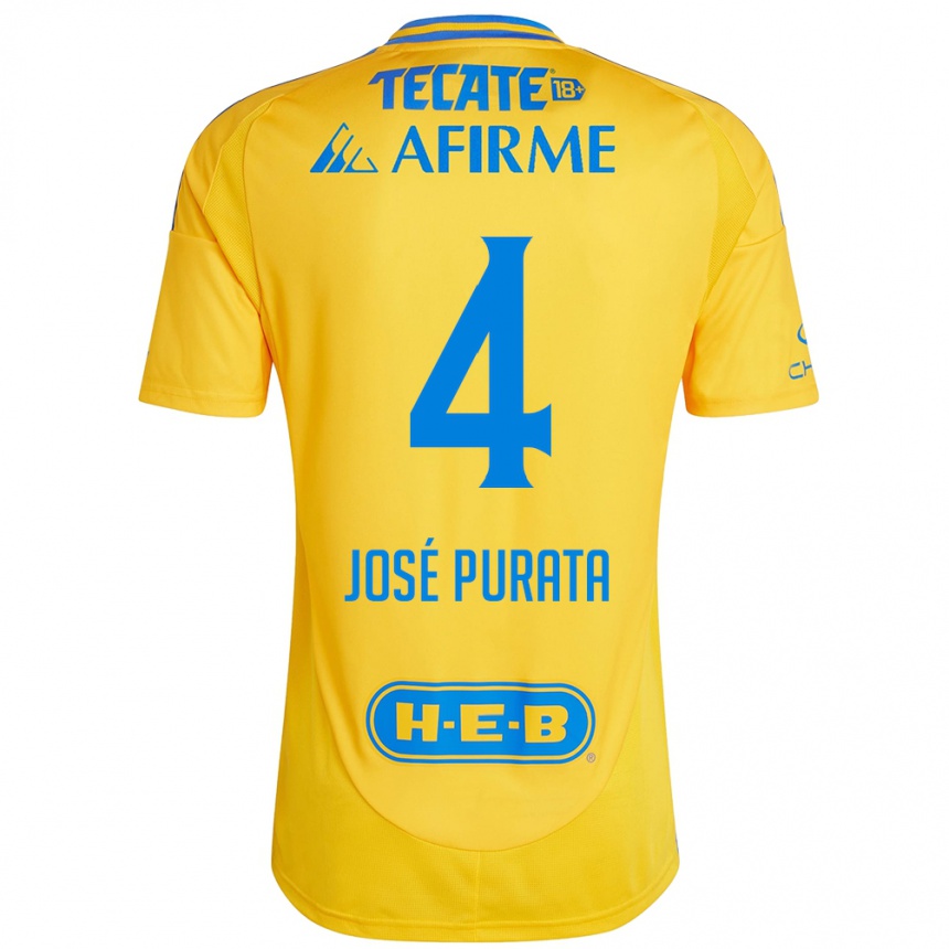 Kids Football Juan José Purata #4 Gold Yellow Home Jersey 2024/25 T-Shirt Uk