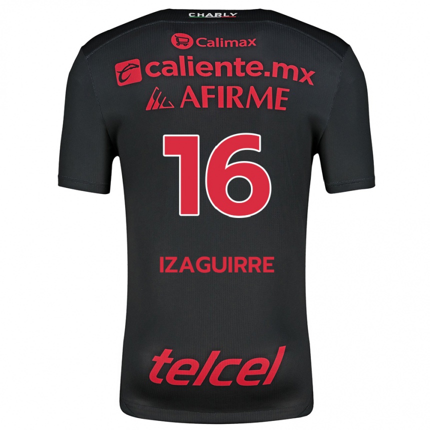 Kids Football Estefanía Izaguirre #16 Black Red Home Jersey 2024/25 T-Shirt Uk