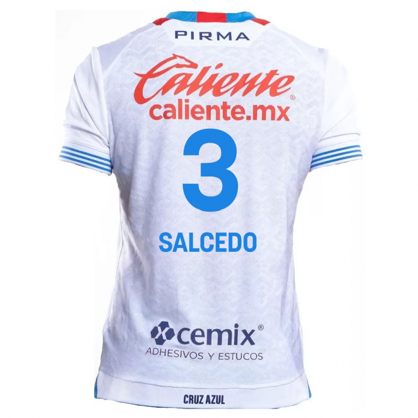 Kids Football Carlos Salcedo #3 White Blue Away Jersey 2024/25 T-Shirt Uk