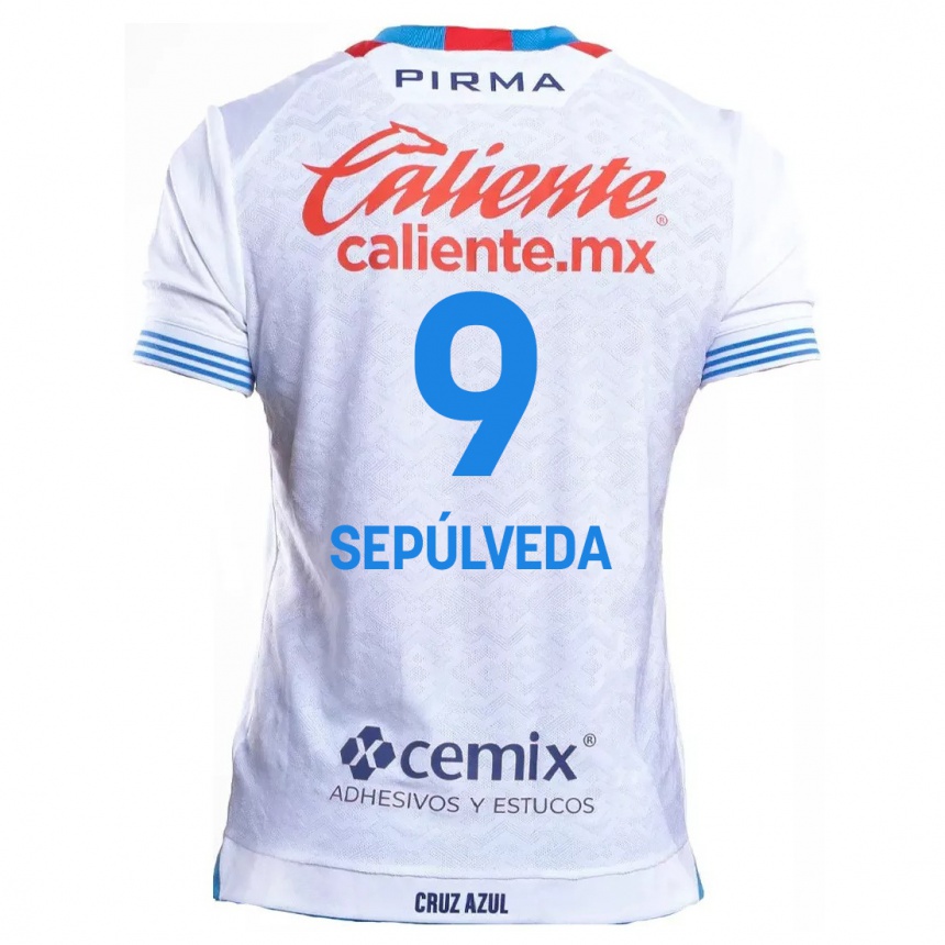 Kids Football Ángel Sepúlveda #9 White Blue Away Jersey 2024/25 T-Shirt Uk