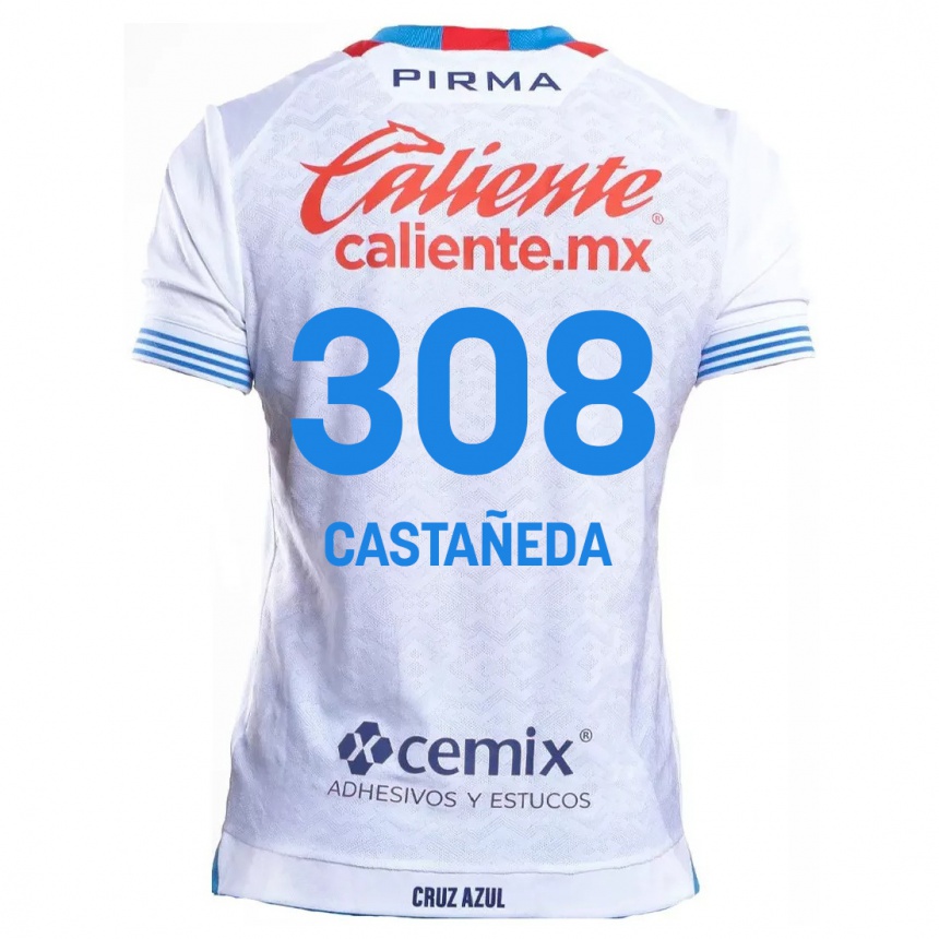 Kids Football Emiliano Castañeda #308 White Blue Away Jersey 2024/25 T-Shirt Uk