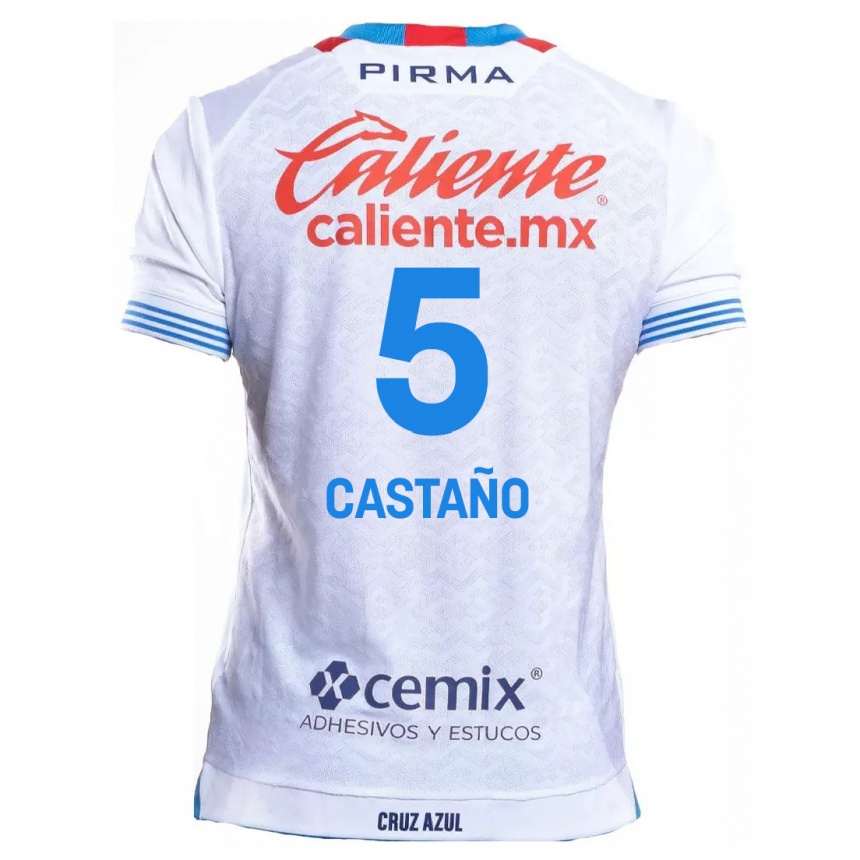 Kids Football Kevin Castaño #5 White Blue Away Jersey 2024/25 T-Shirt Uk