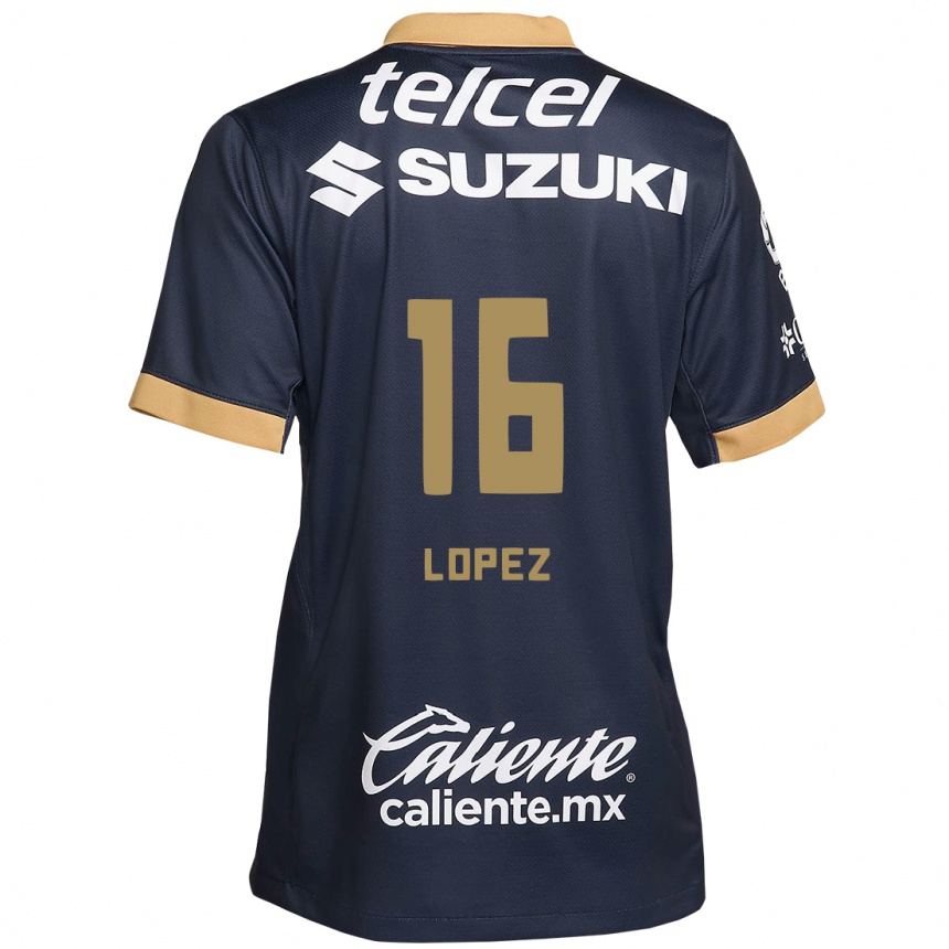 Kids Football Samantha Lopez #16 Obsidian Gold White Away Jersey 2024/25 T-Shirt Uk