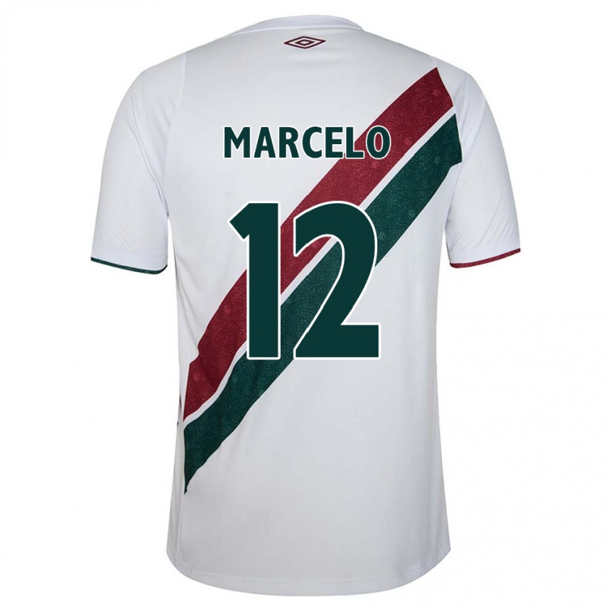 Kids Football Marcelo #12 White Green Maroon Away Jersey 2024/25 T-Shirt Uk