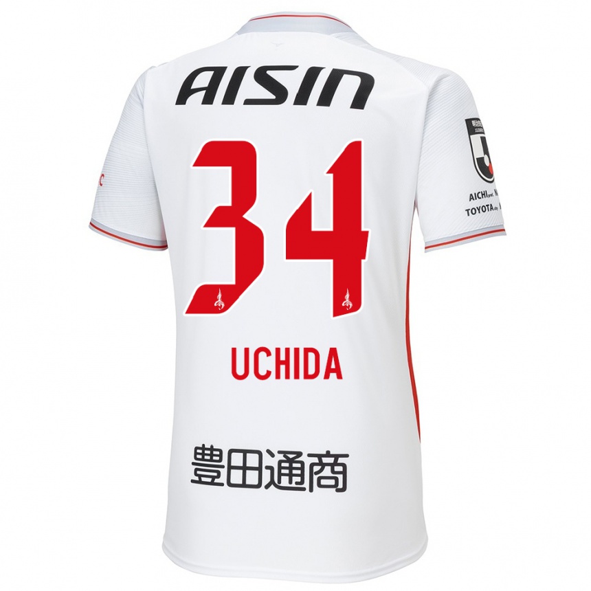 Kids Football Takuya Uchida #34 White Yellow Red Away Jersey 2024/25 T-Shirt Uk