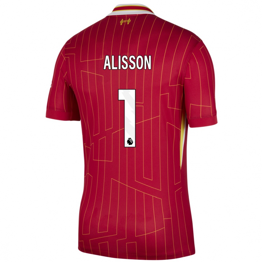 Kids Football Alisson #1 Red Yellow White Home Jersey 2024/25 T-Shirt Uk