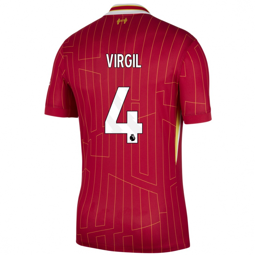 Kids Football Virgil Van Dijk #4 Red Yellow White Home Jersey 2024/25 T-Shirt Uk