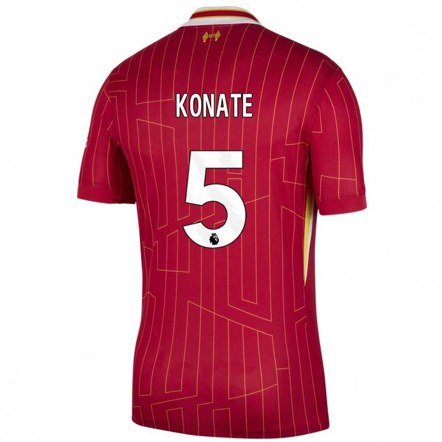 Kids Football Ibrahima Konate #5 Red Yellow White Home Jersey 2024/25 T-Shirt Uk