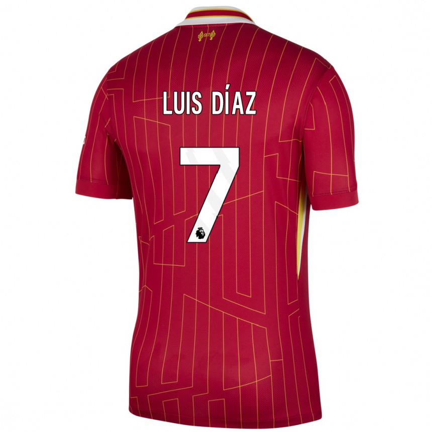 Kids Football Luis Diaz #7 Red Yellow White Home Jersey 2024/25 T-Shirt Uk