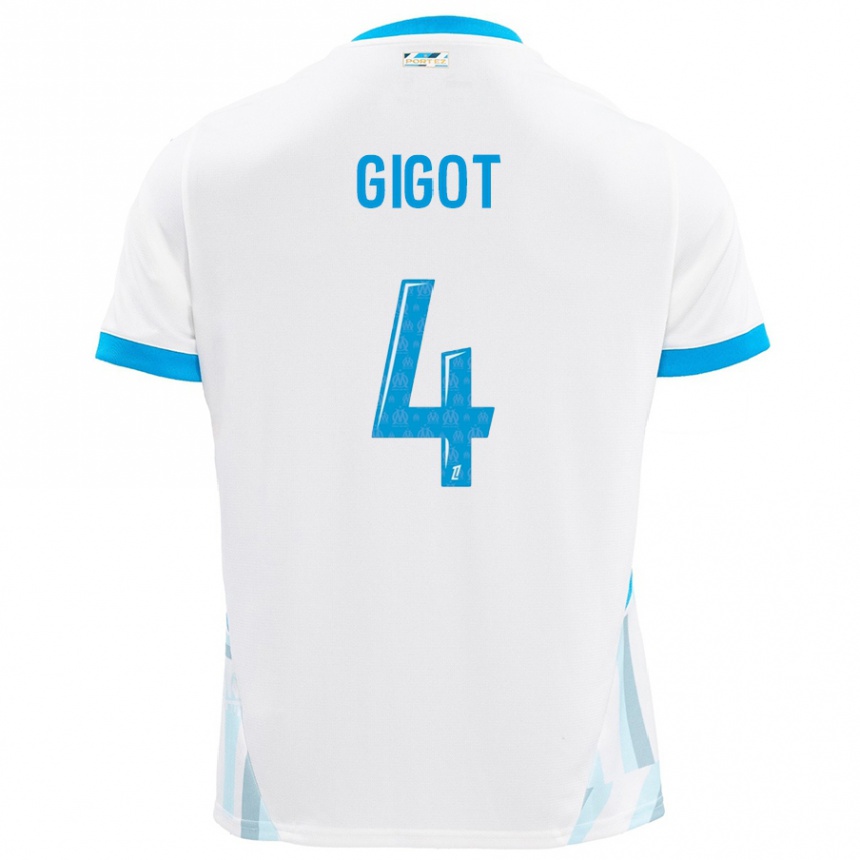 Kids Football Samuel Gigot #4 White Sky Blue Home Jersey 2024/25 T-Shirt Uk