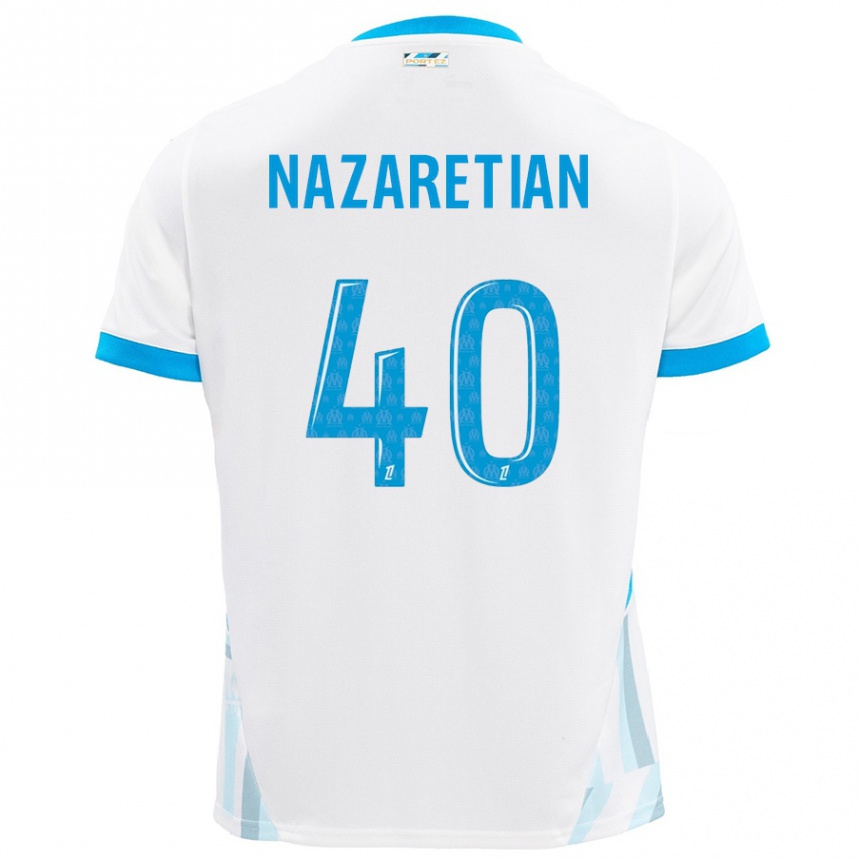 Kids Football Manuel Nazaretian #40 White Sky Blue Home Jersey 2024/25 T-Shirt Uk