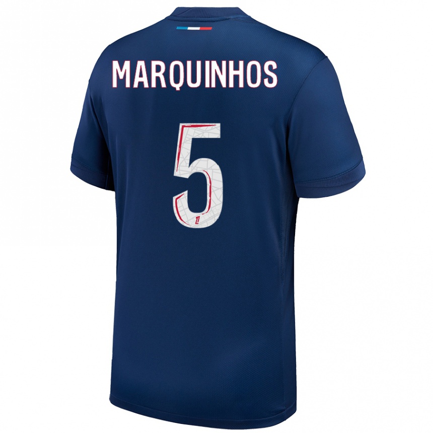 Kids Football Marquinhos #5 Navy Blue White Home Jersey 2024/25 T-Shirt Uk