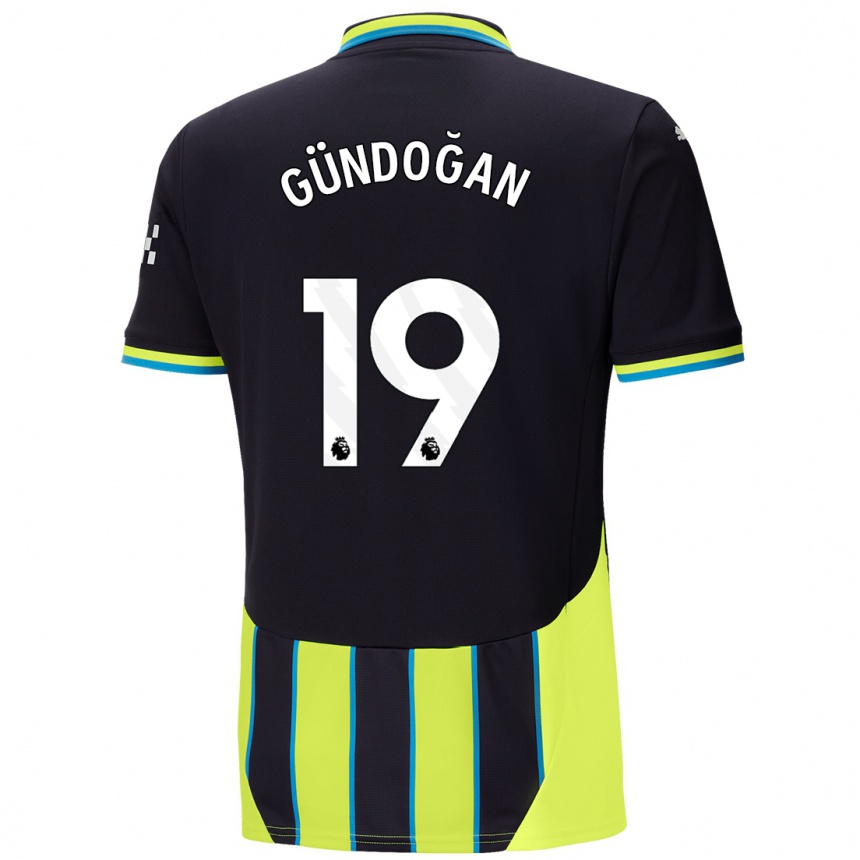 Kids Football Ilkay Gundogan #19 Blue Yellow Away Jersey 2024/25 T-Shirt Uk