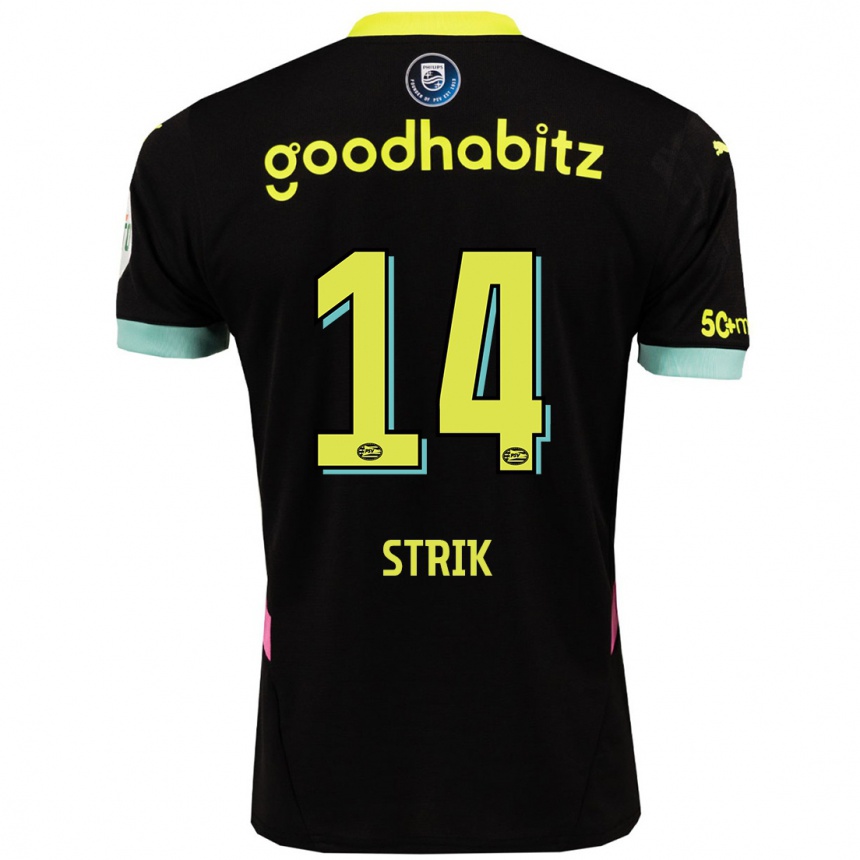 Kids Football Laura Strik #14 Black Yellow Away Jersey 2024/25 T-Shirt Uk