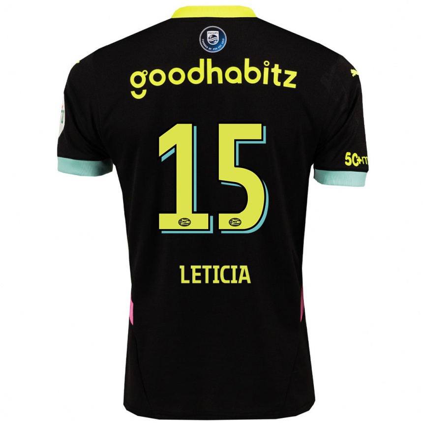 Kids Football Brazil Bra Leticia #15 Black Yellow Away Jersey 2024/25 T-Shirt Uk