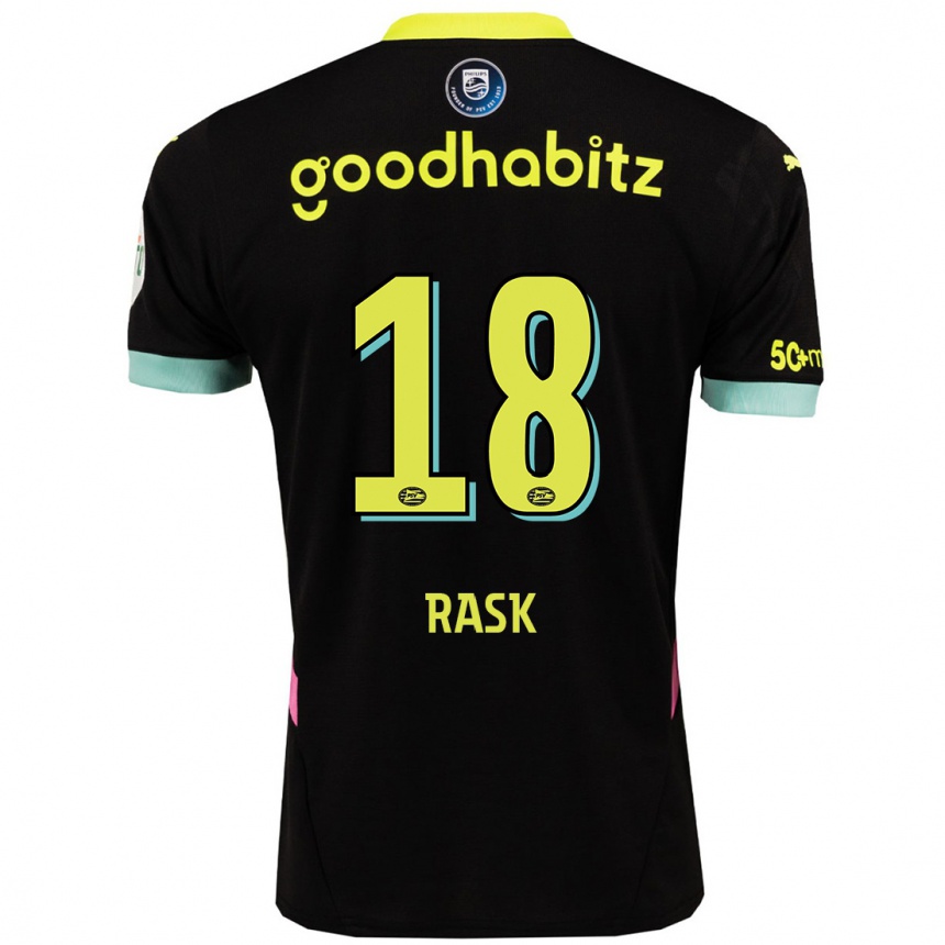 Kids Football Caroline Rask #18 Black Yellow Away Jersey 2024/25 T-Shirt Uk