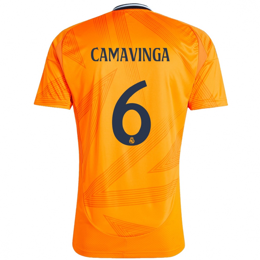 Kids Football Eduardo Camavinga #6 Orange Away Jersey 2024/25 T-Shirt Uk