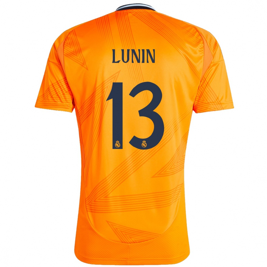 Kids Football Andriy Lunin #13 Orange Away Jersey 2024/25 T-Shirt Uk