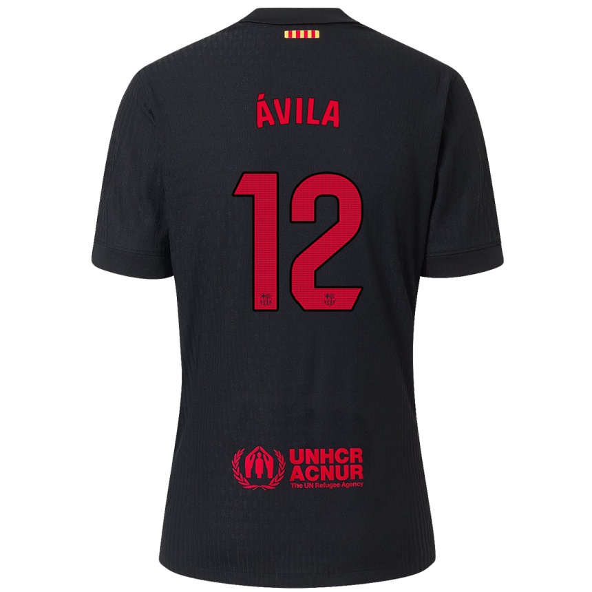 Kids Football Dani Ávila #12 Black Red Away Jersey 2024/25 T-Shirt Uk