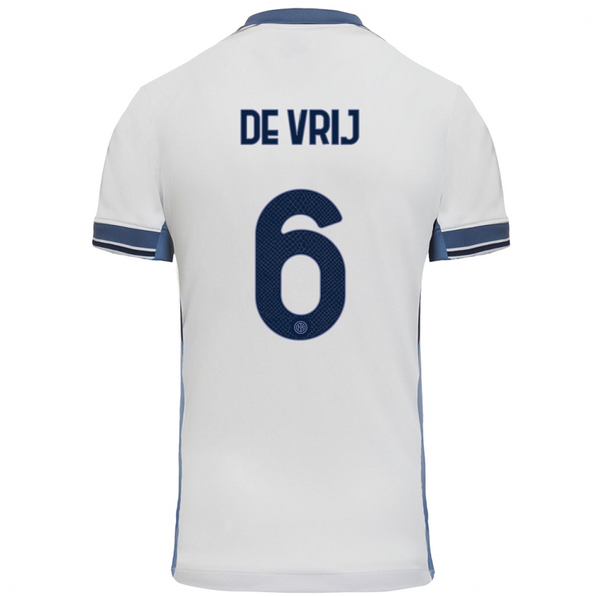 Kids Football Stefan De Vrij #6 White Grey Away Jersey 2024/25 T-Shirt Uk