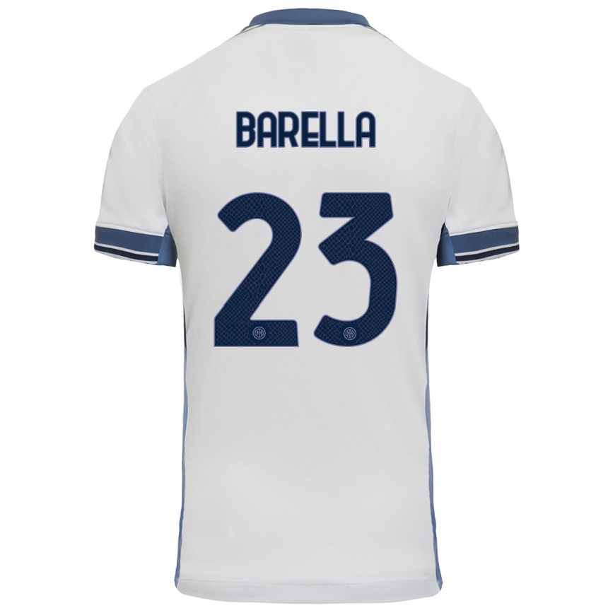 Kids Football Nicolo Barella #23 White Grey Away Jersey 2024/25 T-Shirt Uk