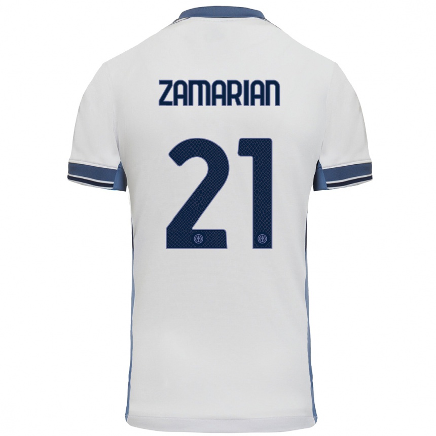 Kids Football Matteo Zamarian #21 White Grey Away Jersey 2024/25 T-Shirt Uk