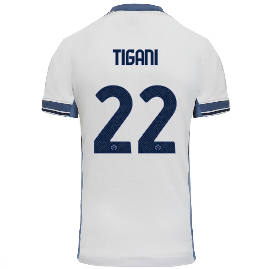 Kids Football Edoardo Tigani #22 White Grey Away Jersey 2024/25 T-Shirt Uk